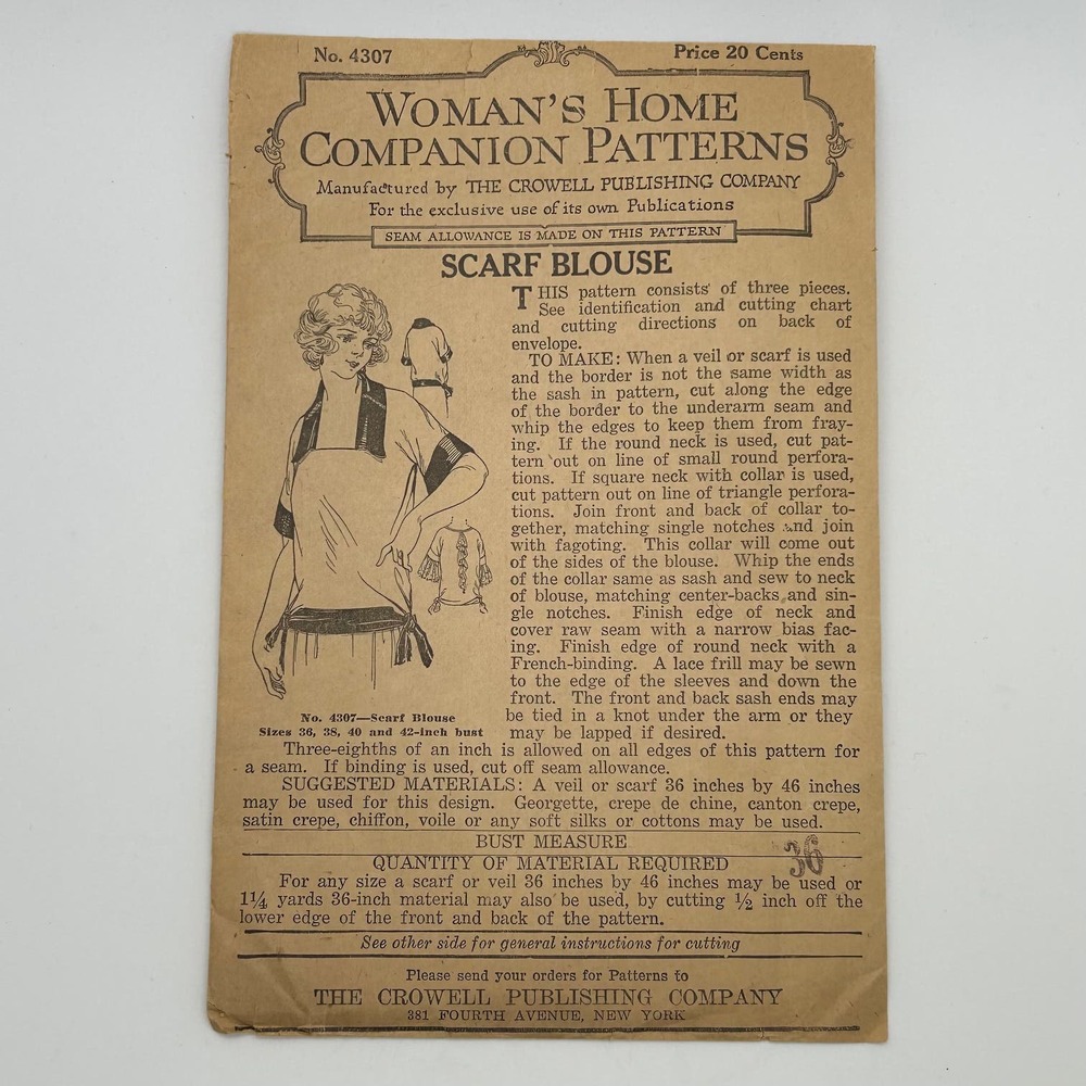 Women's‎ Home Companion Antique Early 1900's  Pattern #4307 Scarf Blouse Bust 36